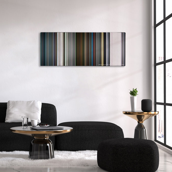 Resident Evil: Afterlife color palette canvas above a black sofa with a gold-topped table