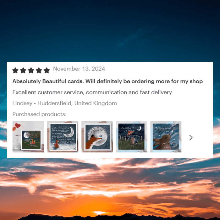 Customer review for "Wishes" Celebration Card by Fox Under The Moon showcasing beautiful cards and excellent service.