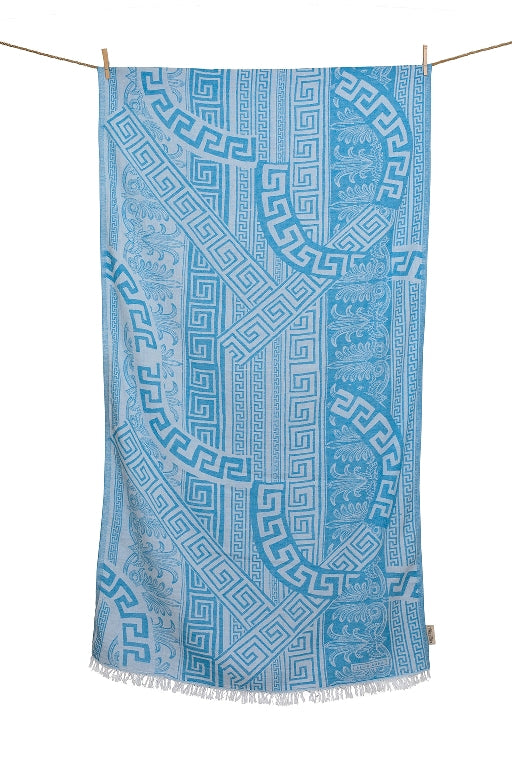 Blue and cream Greek key meander print cotton towel, pestemal towel pareo made in Greece