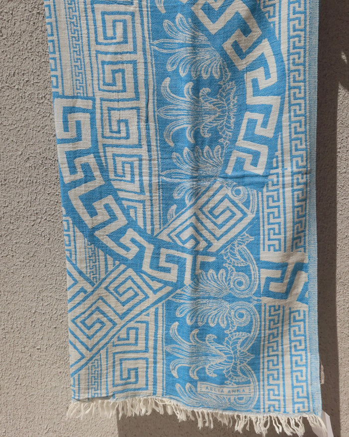 Blue and cream Greek key meander print cotton pestemal towel made in Greece