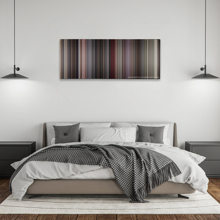 Beverly Hills Cop color palette canvas above a bed, between two black pendant lamps