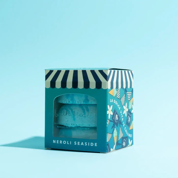 Teal product packaging with striped design on a light blue background