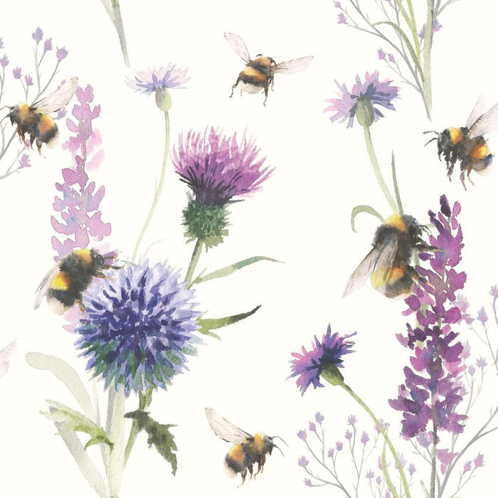 BUMBLEBEES IN THE MEADOW BEVERAGE NAPKINS by PAPER PRODUCTS DESIGN showcase a watercolor-style illustration of bees flying around and landing on vibrant purple, blue, and lavender wildflowers with lush green stems and leaves, all against a clean white background. These charming napkins are crafted from naturally bleached, eco-friendly 3-ply paper, combining beauty with sustainability.