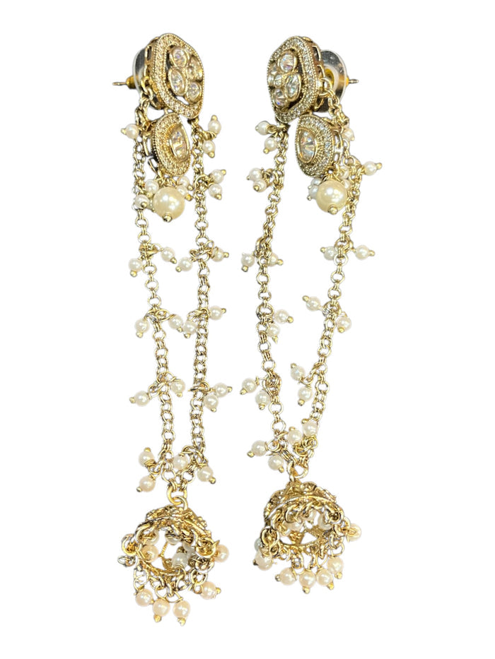 Clear / White / Pearl - Medium - Antique Gold Finish Traditional Earrings - Bollywood - Weddings - 15JE62 07R26