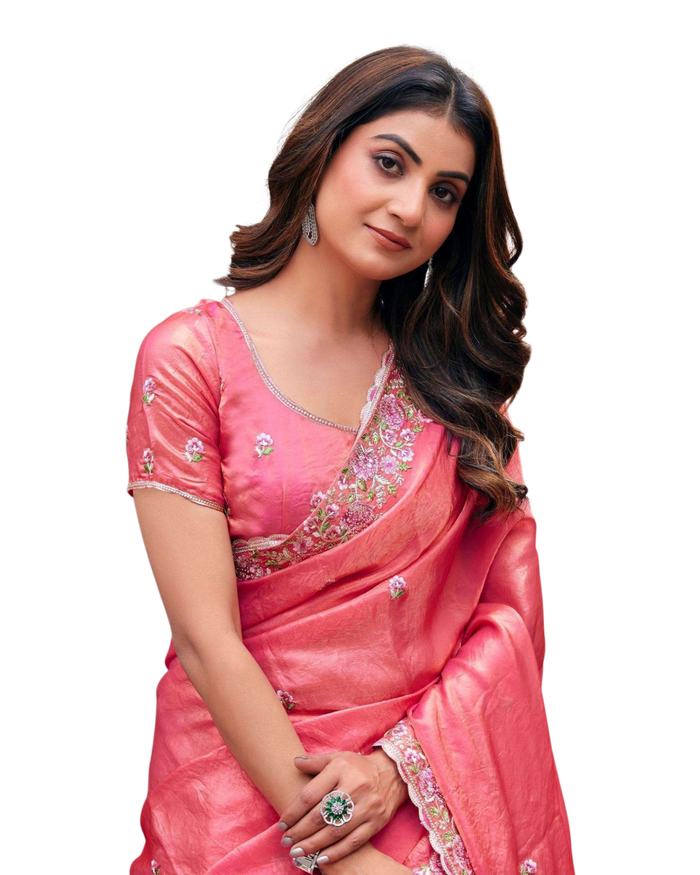 Coral Pink - Fancy Party Saree with Blouse Piece - UK stock - 24hr Dispatch - LTF4603 07VY26