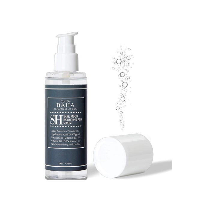 COS DE BAHA (SH) Snail Mucin Hyaluronic Acid Serum is a deeply hydrating serum suitable for all skin types, especially dry or sensitive skin. Formulated with 83% Snail Secretion Filtrate, it helps repair damaged skin, improve elasticity, and reduce the appearance of fine lines. Sodium Hyaluronate and Panthenol provide intense moisture, while Niacinamide brightens and evens skin tone. Soothing ingredients like Aloe Vera and Witch Hazel calm irritation, and botanical extracts such as Rosemary and
