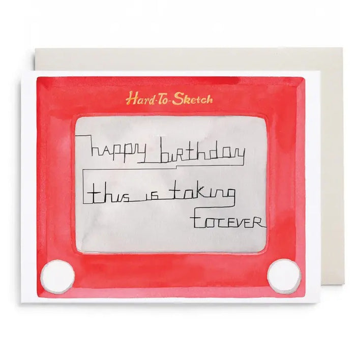 The E. FRANCES - HARD TO SKETCH BIRTHDAY CARD by E. FRANCES PAPER features a whimsical drawing of an Etch A Sketch displaying a staircase on its screen, with "Hard To Sketch" written above. This playful birthday greeting card comes with an envelope and is accented by a charming whale illustration at the bottom right corner.