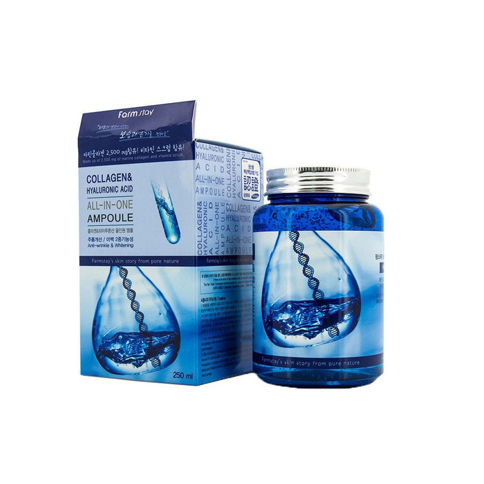 FARM STAY Collagen & Hyaluronic Acid All-in-One Ampoule is formulated with Sodium Hyaluronate (10,750mg) and Hydrolyzed Collagen (2,500mg) to deeply hydrate and enhance skin elasticity. Infused with Vitamin E, Witch Hazel Extract, and Jojoba Seed Extract, it nourishes and soothes the skin, promoting a smooth, radiant appearance. With the added benefits of Licorice Root Extract and Green Tea Leaf Extract, this multi-functional ampoule brightens and revitalizes, leaving your skin refreshed and glo