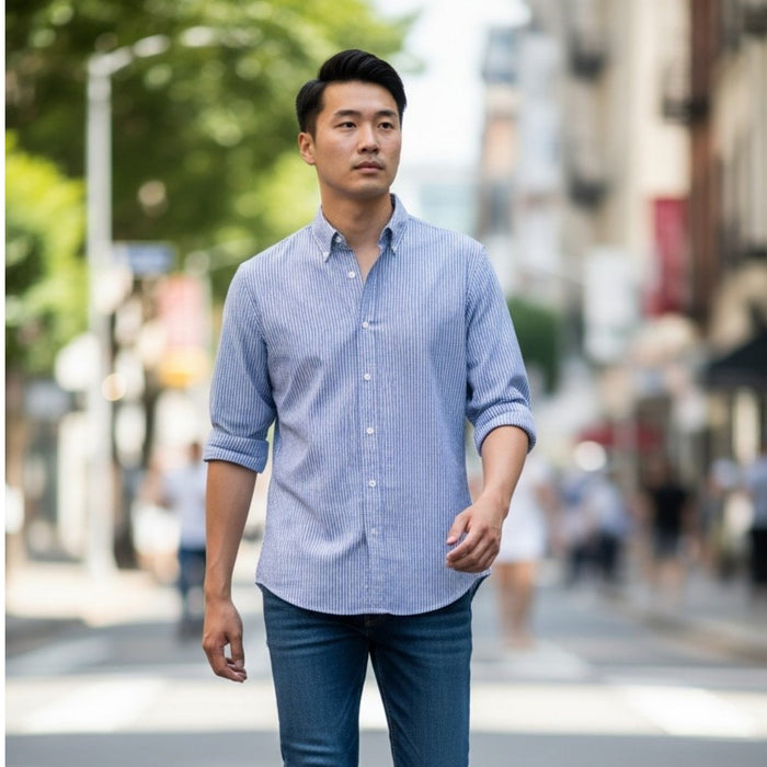A man in a FRANK & EILEEN Finbar Men's Button Up Shirt in Blue Stripes, blue jeans, and white sneakers walks confidently down a sunny, tree-lined cobblestone street.