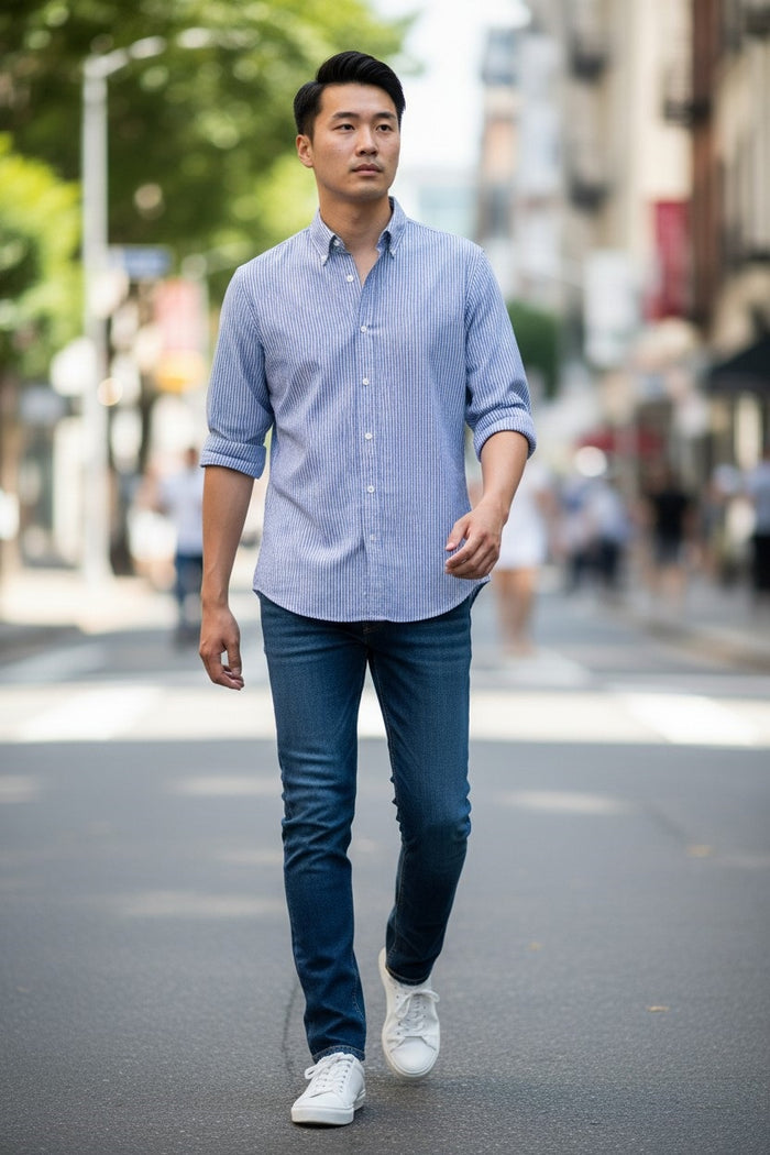 A man in a FRANK & EILEEN Finbar Men's Button Up Shirt in Blue Stripes, blue jeans, and white sneakers walks confidently down a sunny, tree-lined cobblestone street.