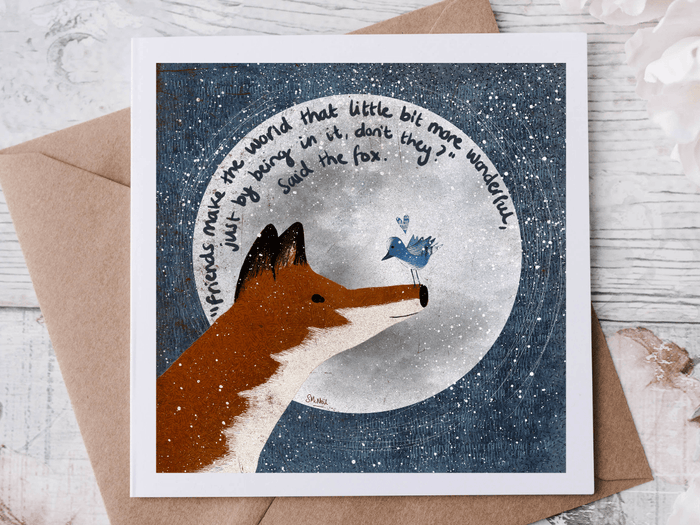 Friendship Greeting Card featuring a fox and bird illustration, celebrating friendship with heartfelt words.
