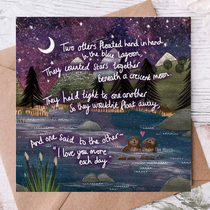 Hand In Hand Wedding / Anniversary Card featuring otters beneath a crescent moon with heartfelt verse.