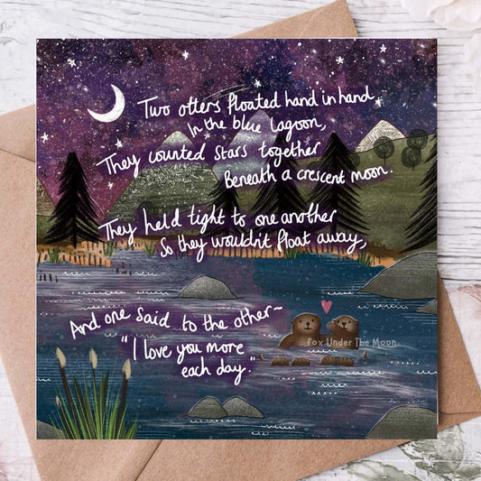 Hand In Hand Wedding / Anniversary Card featuring otters beneath a crescent moon with heartfelt verse.