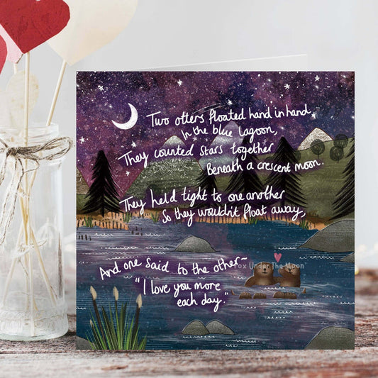 "Hand In Hand" Wedding / Anniversary Card by Fox Under The Moon with otters illustration and heartfelt verse.