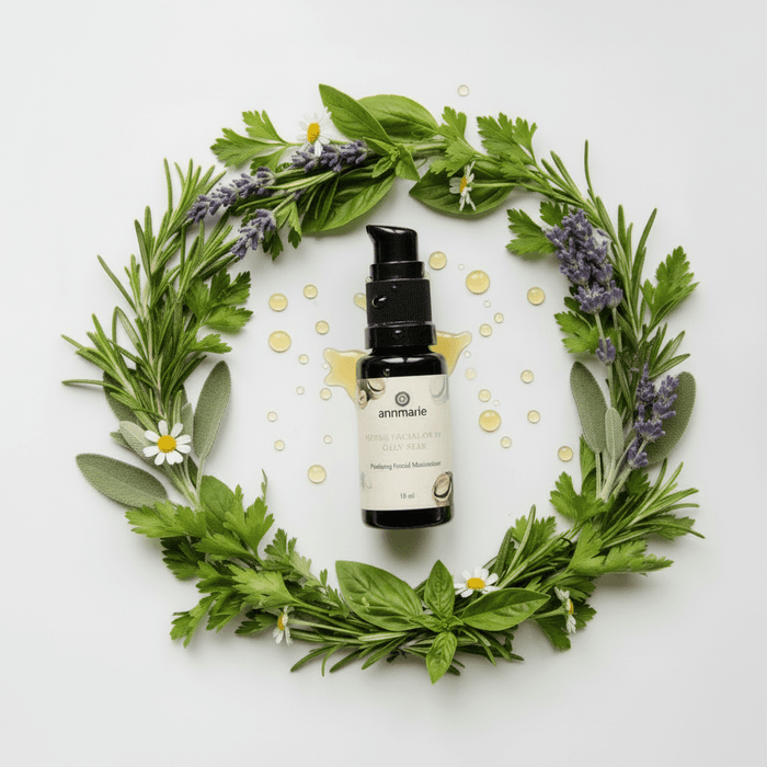 Skincare bottle surrounded by green leaves and lavender flowers on a white background