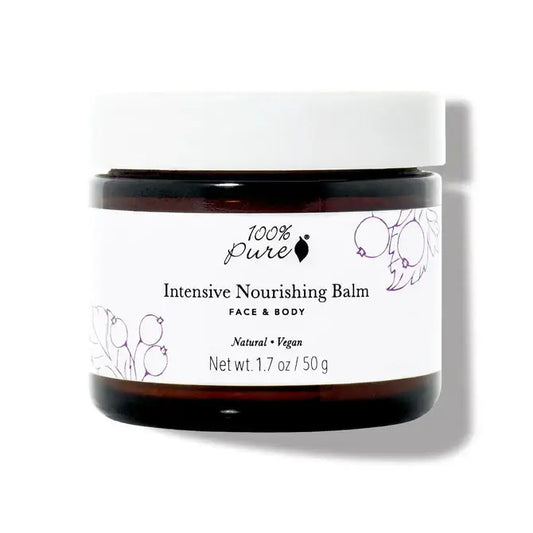 100% Pure Intensive Nourishing Balm jar for face and body, designed for deep moisture and soothing dry skin conditions.