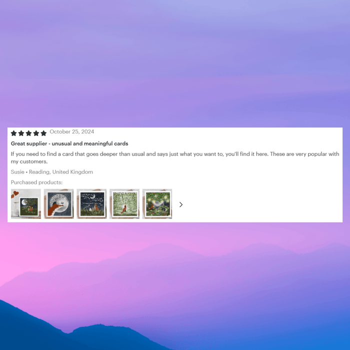 Customer review for meaningful greeting cards with a colorful background and product images.