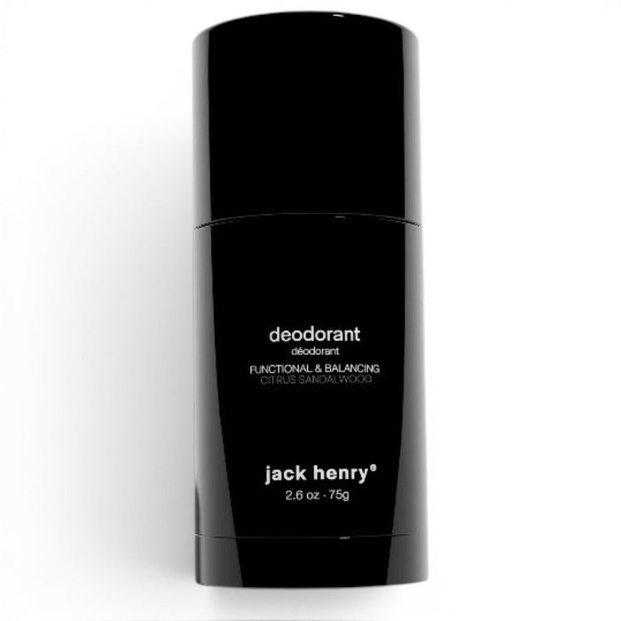 The JACK HENRY - DEODORANT CITRUS SANDALWOOD is a black cylindrical stick (2.6 oz • 75g) that provides odor protection with functional, balancing benefits and a citrus sandalwood scent, shown on a light gray background.