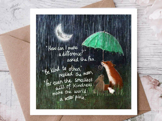 Kindness Thank You Card by Fox Under The Moon featuring Fox, Rabbit, and Mouse under an umbrella with a heartfelt message.