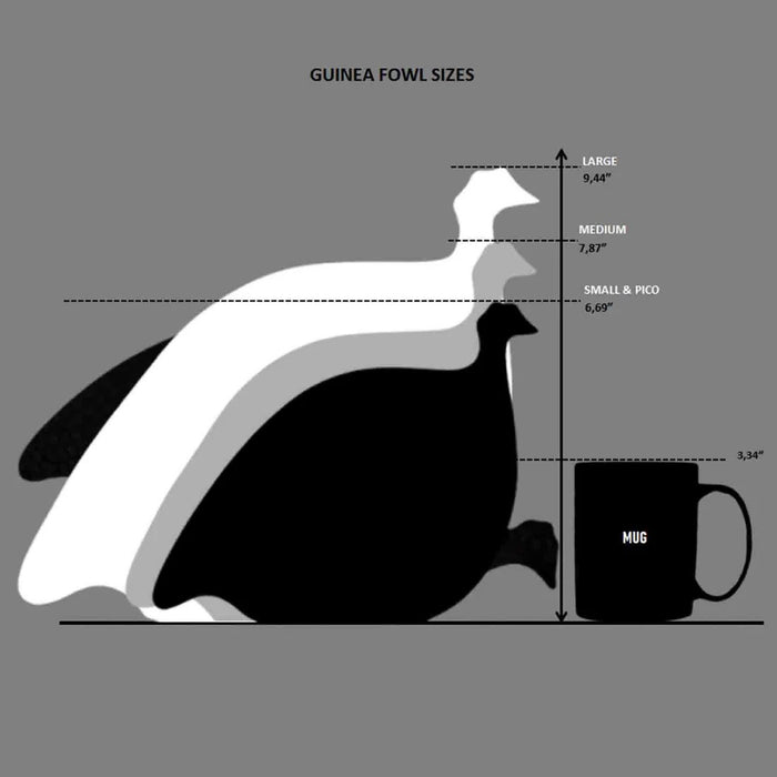 A round, handmade ceramic guinea hen sculpture from LES CERAMIQUES DE LUSSAN—the PECKING CERAMIC FRENCH GUINEA IN BORDEAUX SPOTTED WHITE—stands on a white pedestal against a plain background, showcasing French artistry in pottery and the brand’s iconic spotted pattern.
