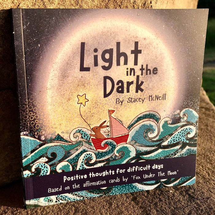Book titled 'Light in the Dark' by Stacey McNeill on a stone surface with a natural background.