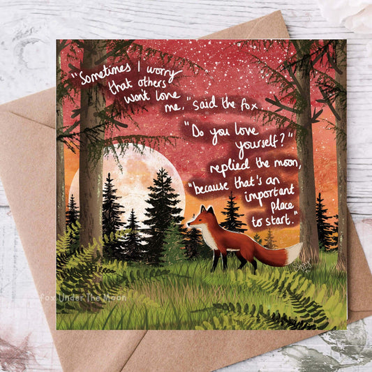 'Love Yourself' - Encouragement Card From Fox Under The Moon featuring a fox and moon illustration with a self-love quote.