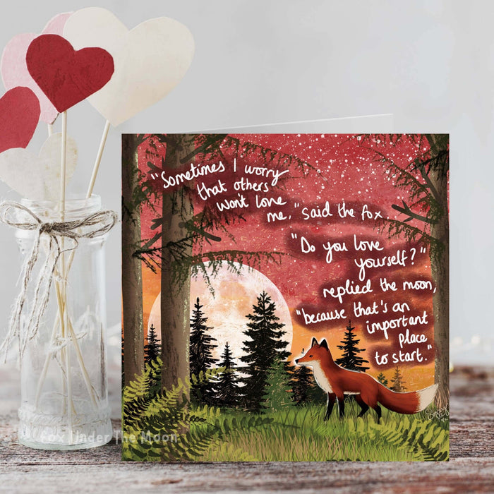 "Love Yourself" - Encouragement Card From Fox Under The Moon featuring a fox and moon illustration with an uplifting message.