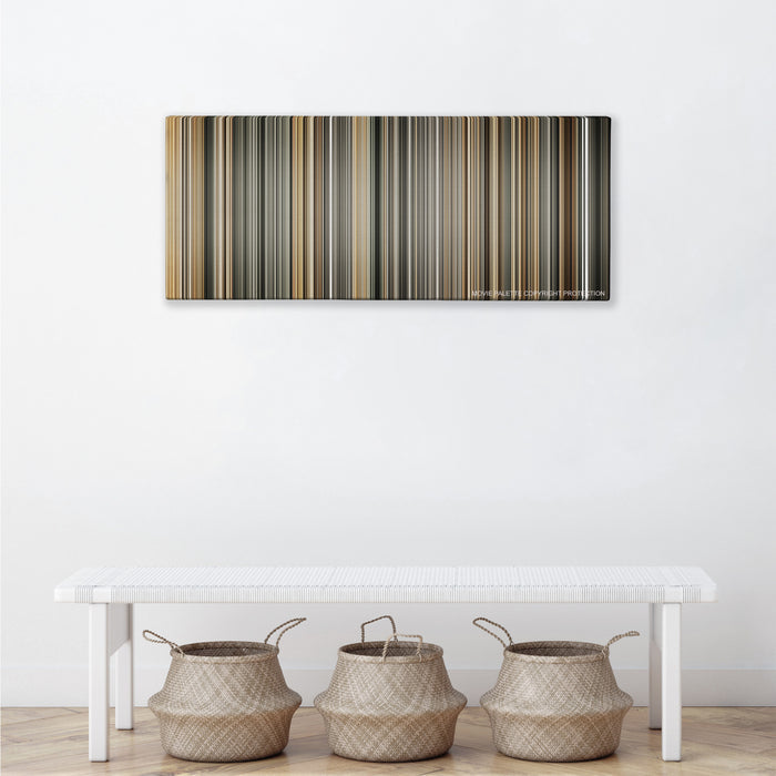 Mary and Max color palette canvas above a white bench with three woven baskets