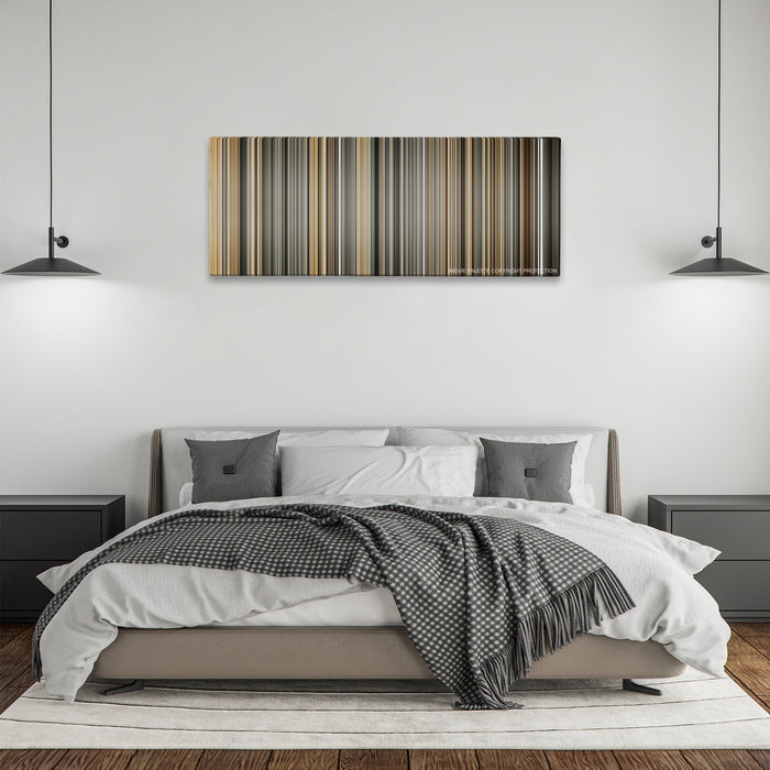 Mary and Max color palette canvas above a bed, between two black pendant lamps