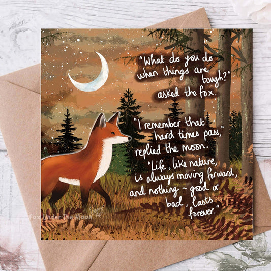 "Moving Forward" - Greeting Card From Fox Under The Moon featuring a fox and a moon with inspirational quotes.