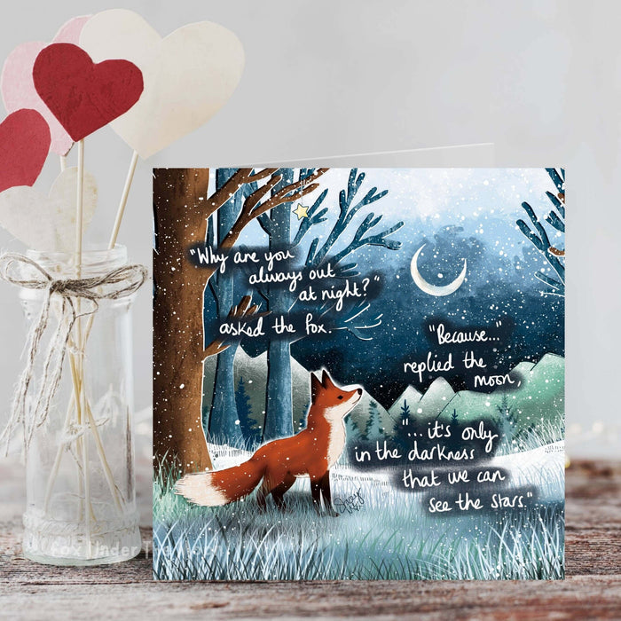 Out At Night Greeting Card featuring a fox and a moonlit scene with uplifting text by Fox Under The Moon.