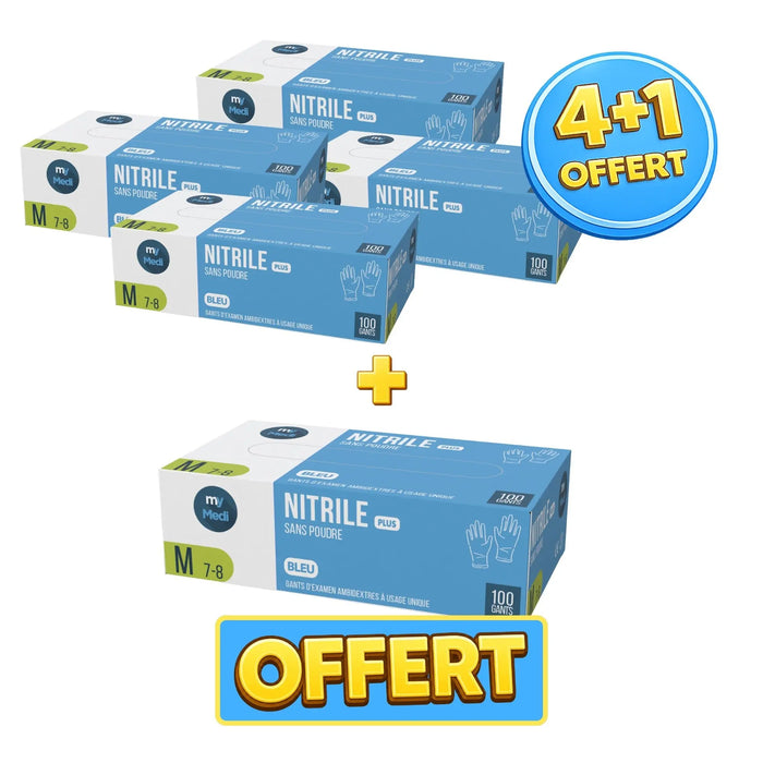Pack 4+1 boîtes de 100 gants d'examen - Nitrile - Sans poudre - Ambidextres - My Médical My Medical