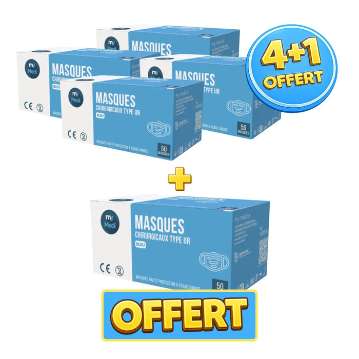 Pack 4+1 boîtes de 50 masques chirurgicaux bleu - 3 plis de type IIR - Norme EN14683 - Certification CE - My Médical My Medical