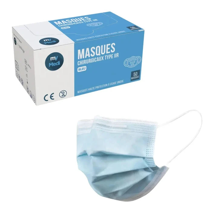 Pack 4+1 boîtes de 50 masques chirurgicaux bleu - 3 plis de type IIR - Norme EN14683 - Certification CE - My Médical My Medical
