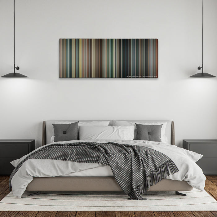 RED 2 color palette canvas above a bed, between two black pendant lamps