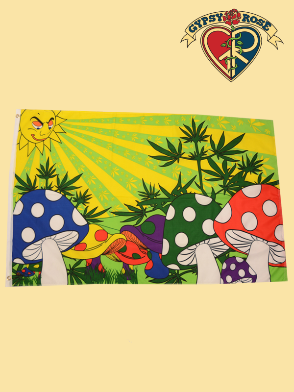 Sunny Delight Mushrooms and Leaves Flag
