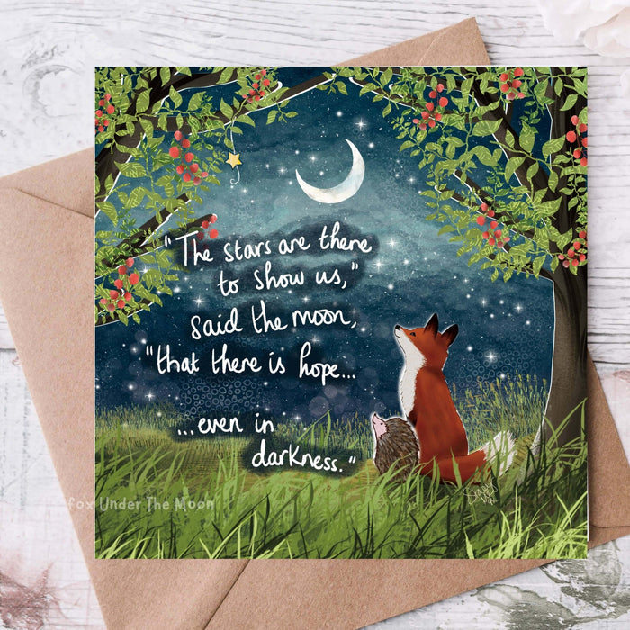 "There Is Hope" - Greeting Card From Fox Under The Moon with fox illustration and inspirational quote.