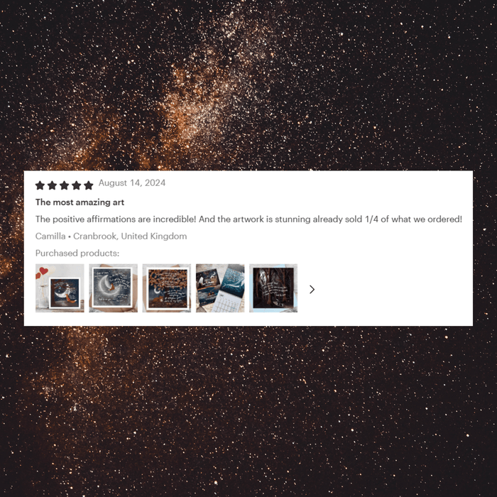 Customer review of "Waves" Soothing & Encouragement Card by Fox Under The Moon praising positive affirmations and stunning artwork.