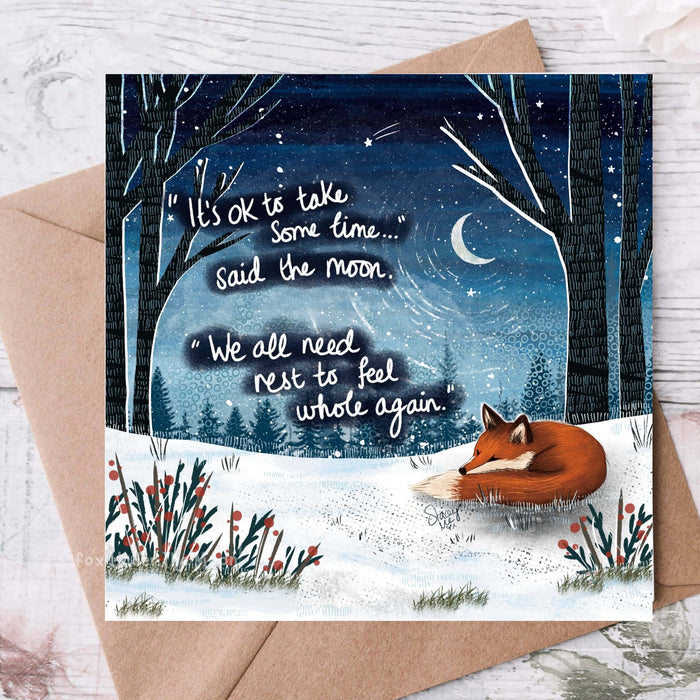 "Whole Again" Greeting Card by Fox Under The Moon featuring a fox in a serene winter scene.