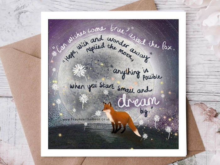 "Wishes" Celebration Card by Fox Under The Moon featuring fox and moon with inspirational text.