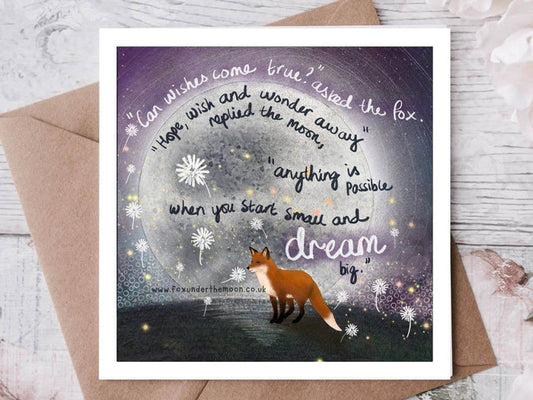 "Wishes" Celebration Card by Fox Under The Moon featuring fox and moon with inspirational text.