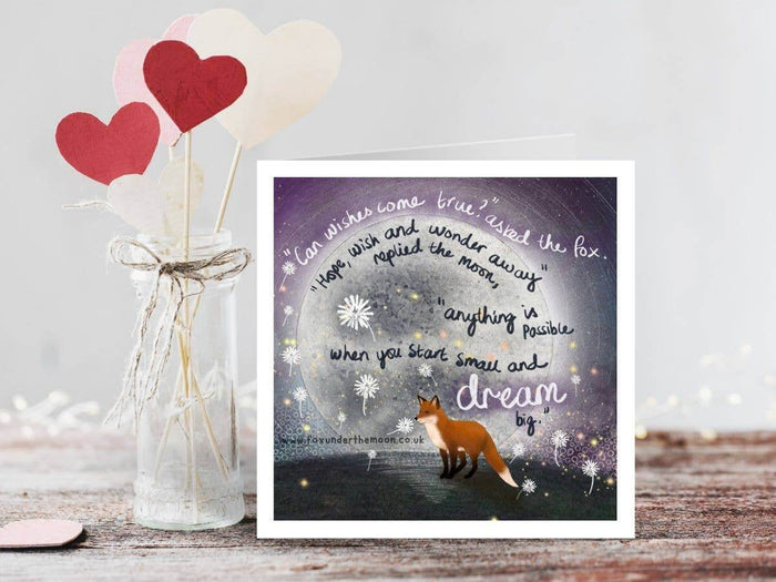 "Wishes" Celebration Card by Fox Under The Moon featuring a fox and moon illustration with inspirational message.