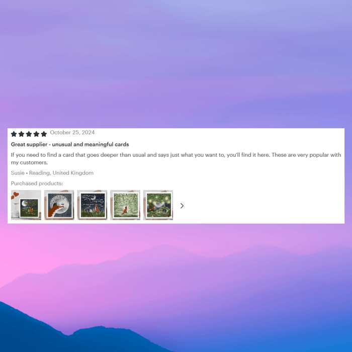 Customer review for Wishes Celebration Card by Fox Under The Moon highlighting its meaningful design and popularity.