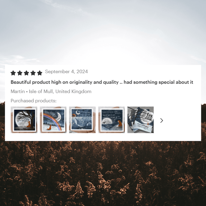 Customer review for "Wishes" Celebration Card by Fox Under The Moon, highlighting its quality and originality.