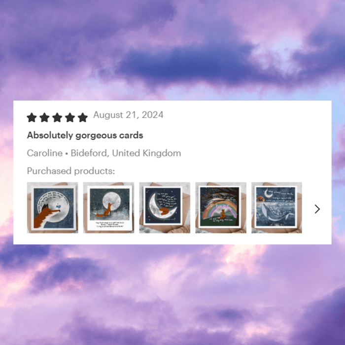 Customer review of "Wishes" Celebration Card by Fox Under The Moon with five illustrations and a glowing sky background.