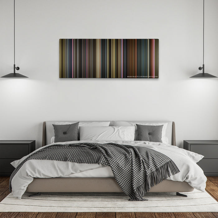 X-Men: Dark Phoenix color palette canvas above a bed, between two black pendant lamps