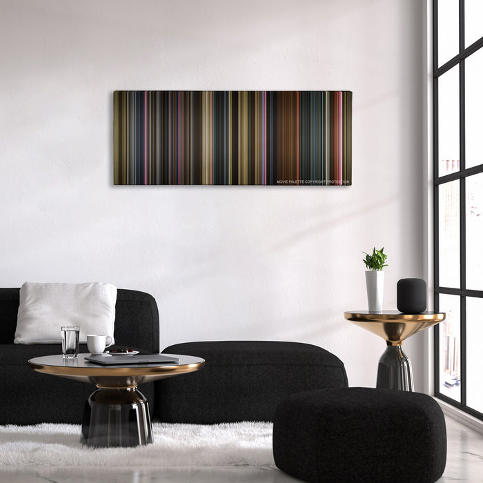 X-Men: Dark Phoenix color palette canvas above a black sofa with a gold-topped table